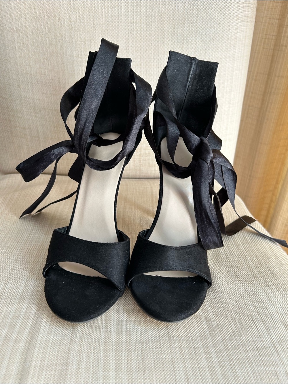 Black Satin Lace-Up Women's Heeled Sandals